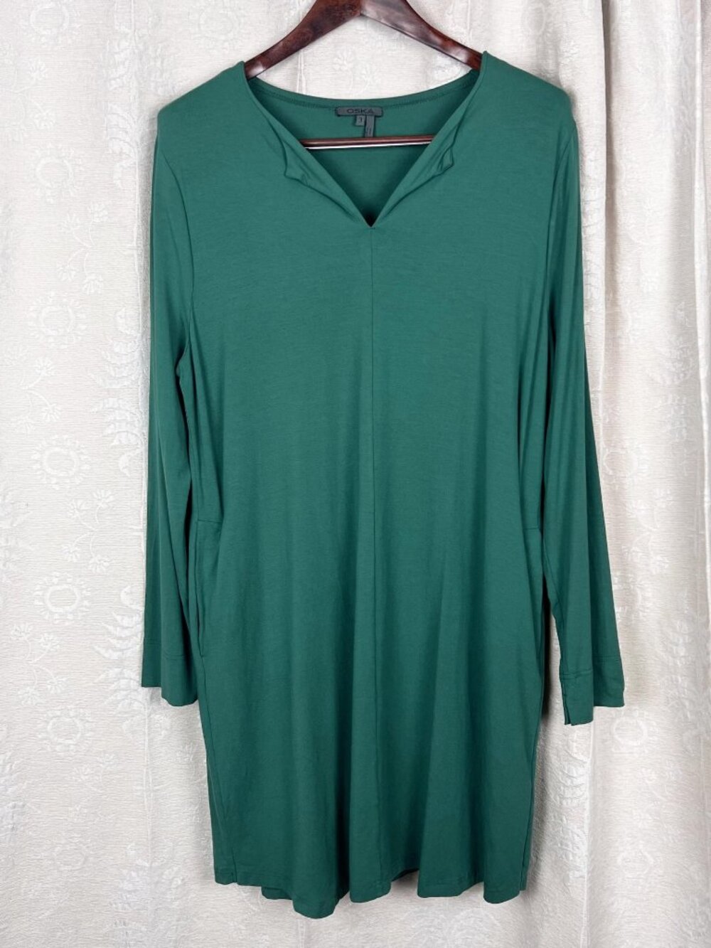 Oska green A-line tunic dress stretch jersey 3 / XL lagenlook boho cottagecore